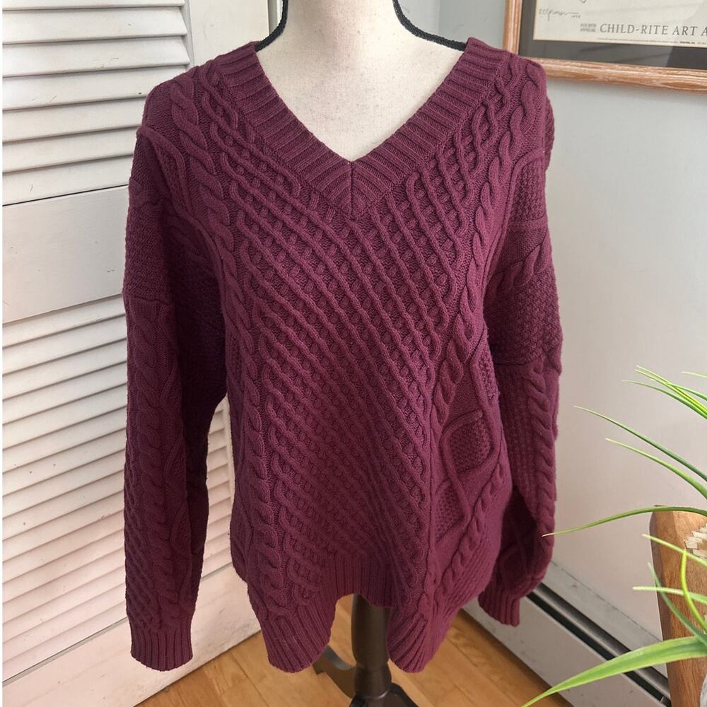 Sunday Best Sweater Womens Small Burgundy Oversized V-Neck Chunky Cable Knit